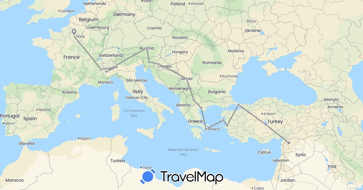 TravelMap itinerary: driving, plane in Austria, France, Greece, Croatia, Italy, Macedonia, Serbia, Slovenia, Syria, Turkey (Asia, Europe)